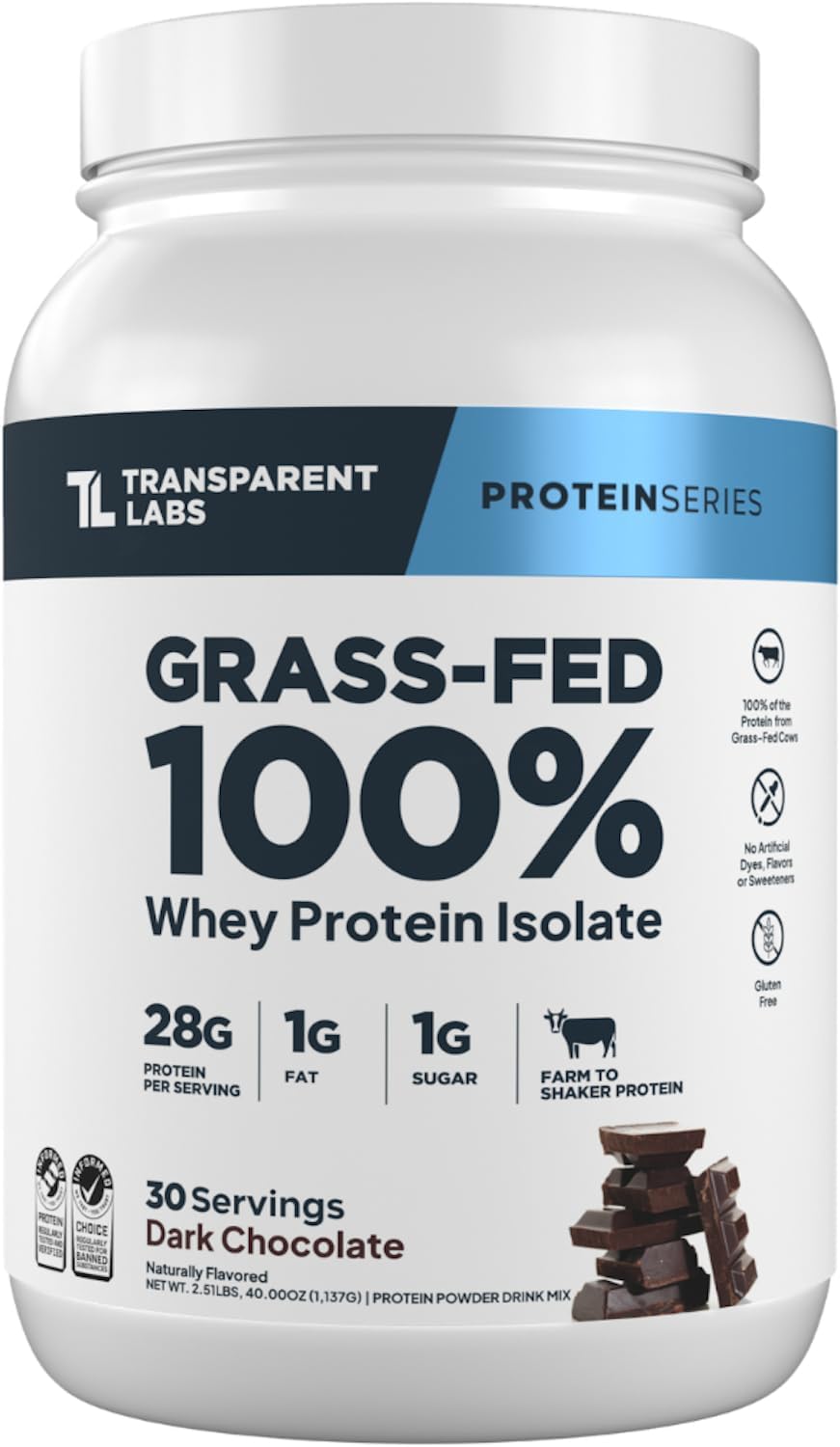 Transparent Labs Grass-Fed Whey Protein Isolate - Naturally Flavored, Gluten Free Whey Protein Powder with 28g of Protein per Serving & 9 Amino Acids - 30 Servings, Dark Chocolate