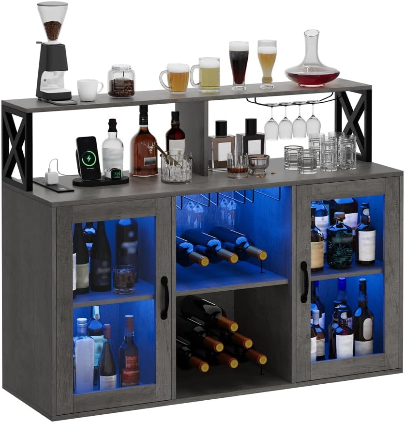 Wine Cabinet with Storage, Bar Cabinet with Power Outlets, Liquor Bar Cabinet with Led Lights and Glass Holder Retro Gray
