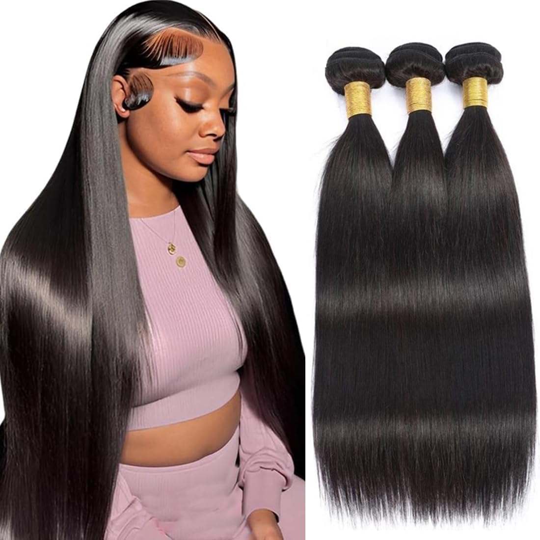 MsSunlight Human Hair Bundles Straight Human Hair Bundles Weave Extensions Unprocessed Virgin Brazilian Hair Straight Bundles Weft Natural Color 24 26 28 Inch