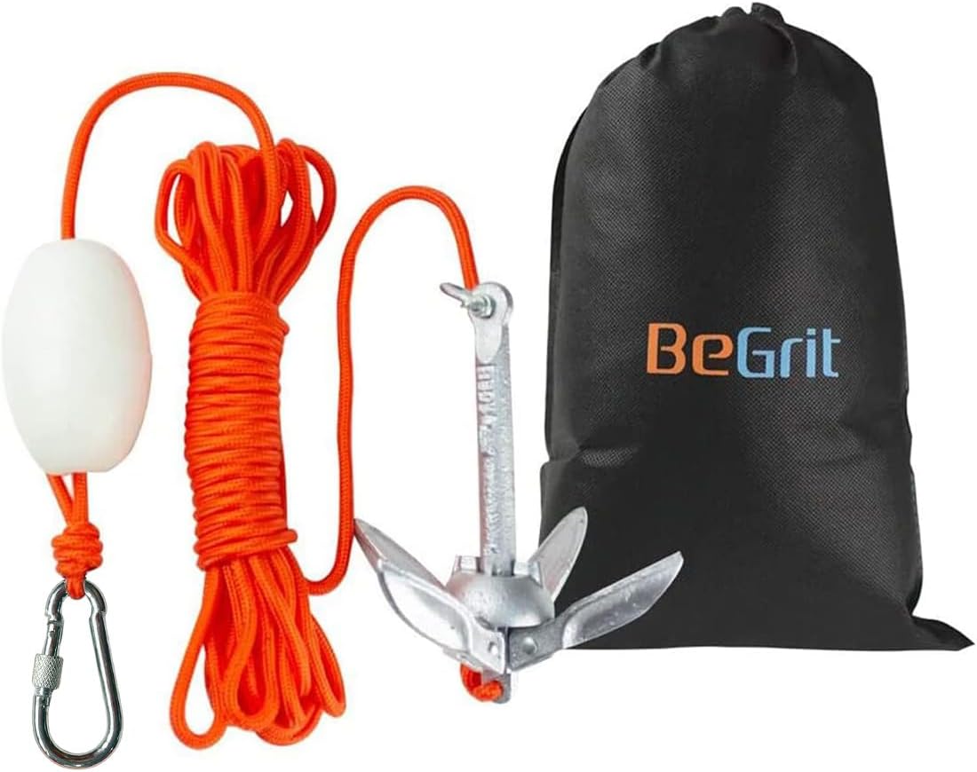 BeGrit Kayak Anchor 1.5 lb Small Boat Anchor Kit Folding Grapnel Anchor Carbon Steel for Canoe Jet Ski SUP & Paddle Board with 32.8 ft Anchor Tow Rope Carrying Bag(Silver)