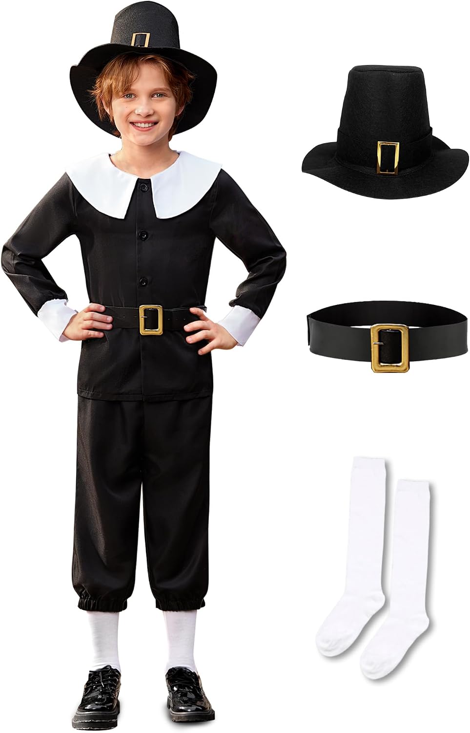 BesserBay Colonial Boys 5PCS Pilgrim Black Shirt Set with Belt Black Pants with Socks Hat 6-14 Years