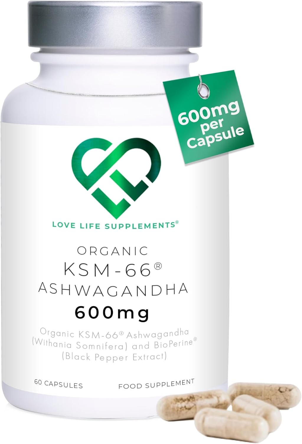 High Strength Organic Ashwagandha KSM-66®, 600mg per Capsule, 2 Month Supply - 60 Capsules, 5% Withanolides, Bioperine® for Increased Absorption, Zero Fillers, Lab Tested - Love Life Supplements