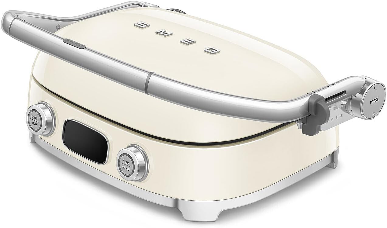 SMEG MGF01 Multi-Use Countertop Electric Grill, with Interchangeable Plates, Panini Press, Waffle Maker & Grill, LCD Display, Sear Function, Adjustable Temperature, 50’s Retro Style (Cream)