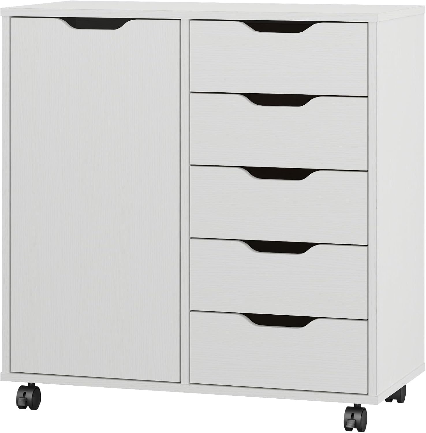 Panana 5-Drawer Chest with 1 Door, Wooden Chest of Drawers Storage Dresser Cabinet with Wheels, Office Organization and Storage, Bedroom Furniture (White-S)