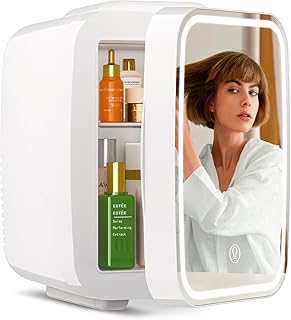 Mini Skincare Fridge with Dimmable LED Light Mirror,4 L/6 Can Mini Fridge for Bedroom,Office, Car, Dorm,Cooler & Warmer, Makeup Fridge for Skin Care, Cosmetics, Food,White