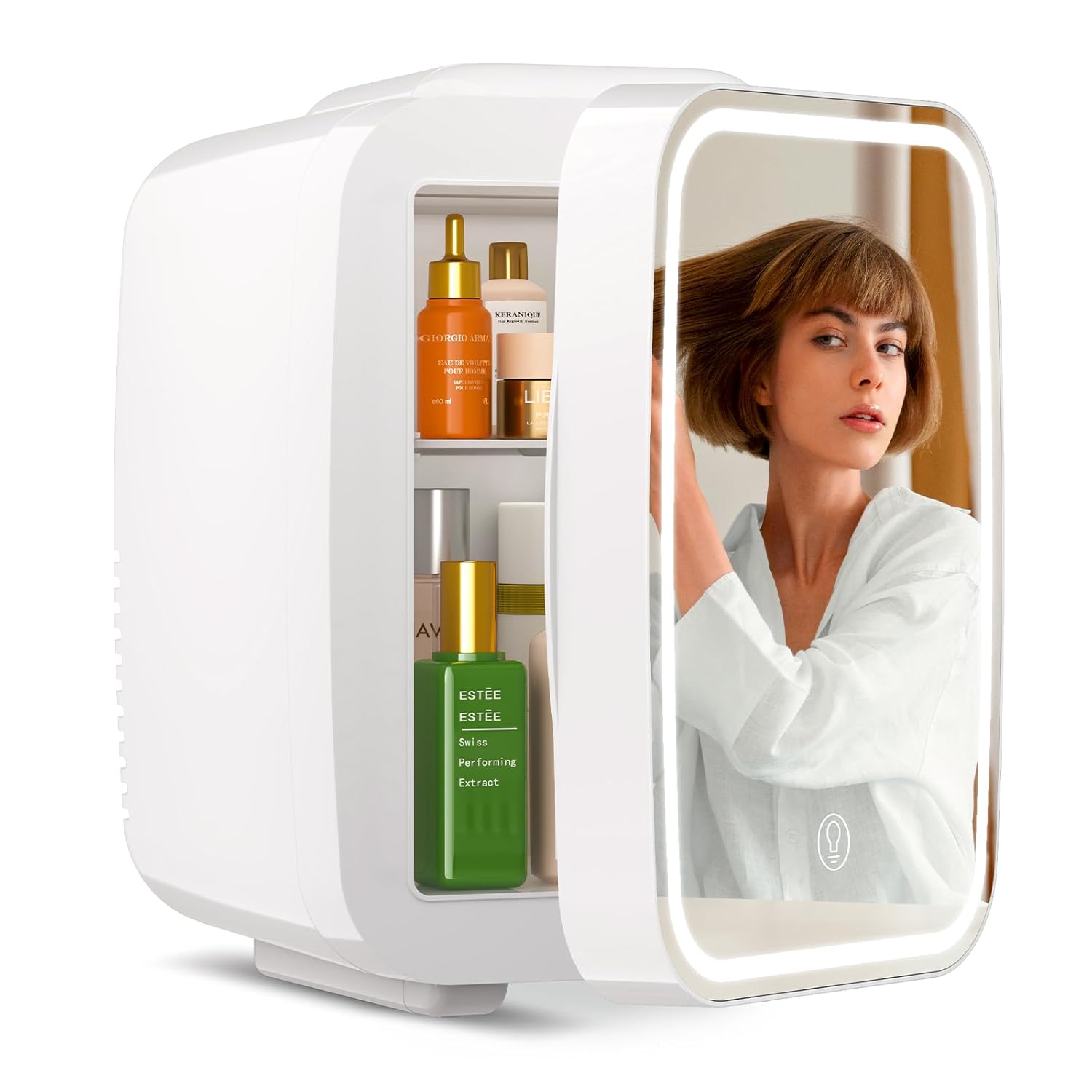 Mini Skincare Fridge with Dimmable LED Light Mirror,4 L/6 Can Mini Fridge for Bedroom,Office, Car, Dorm,Cooler & Warmer, Makeup Fridge for Skin Care, Cosmetics, Food,White