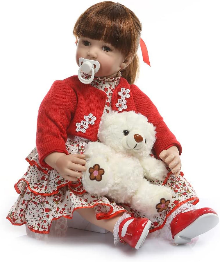 SHHYD 24 Inch 60CM Reborn Baby Dolls Toddlers Doll Red Dress Girl LifeLike Reborn Child Dolls Long Hair Soft Body Realistic Newborn Toys Cheap Reborn Babies Kid Dolls Best Children Gifts