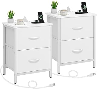 Vagusicc Nightstand Set of 2 with Charging Station, End Table Bedside Table with Power Outlet & USB Ports, Side Table with 2 Fabric Drawers for Bedroom, Living Room, White