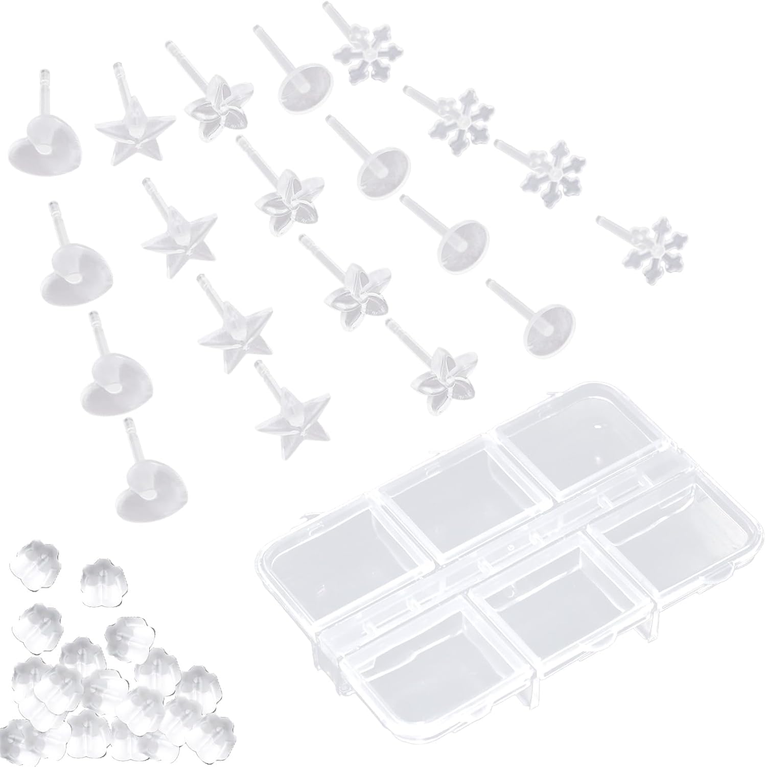 10 Pcs Clear Stud Earrings for Sensitive Ears-School-Safe, Hypoallergenic Silicone & Plastic Set with Storage Box