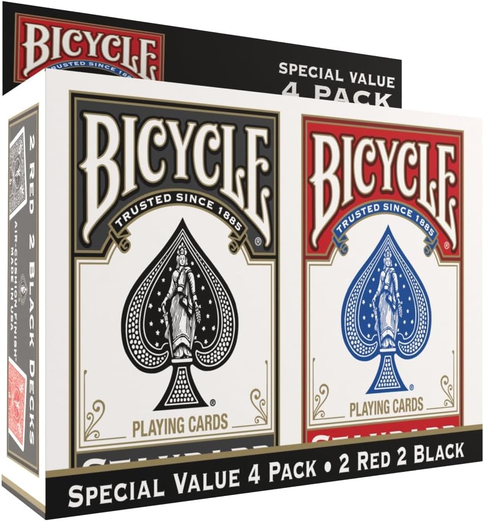 Bicycle Playing Cards 4 Pack, Standard Index Poker Size Decks in Red and Black for Poker, Blackjack, Rummy, Family Game Nights, and Classic Card Games, All Ages