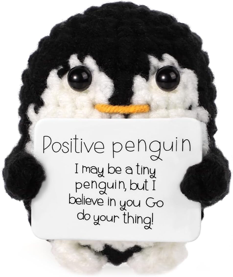 BOXOB Mini Funny Positive Penguin, 2.6 Inch Cute Knitted Penguin Toy with Positive Card Positive Penguin Crochet Doll Cheering Gift for Family Friends Encouragement Party Decoration(Black)