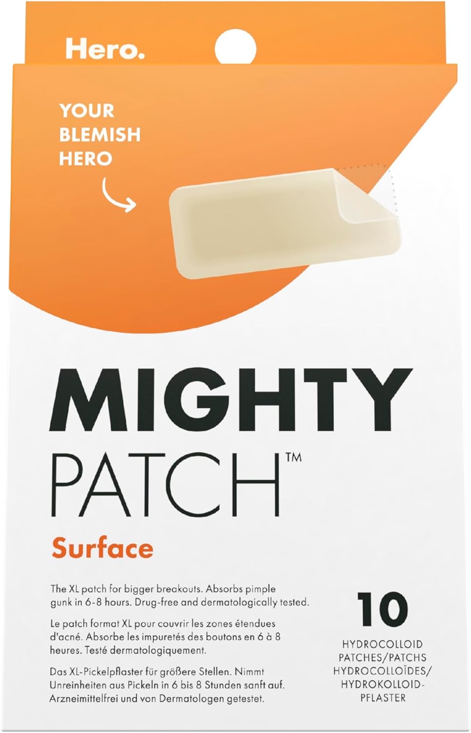 Mighty Patch Surface Spot Patches by Hero Cosmetics, XL Spot Remover Hydrocolloid Patches, Day & Night Acne Treatment & Anti Acne Dots, Face & Body Spot Treatment Stickers - 10 Large Pimple Patches