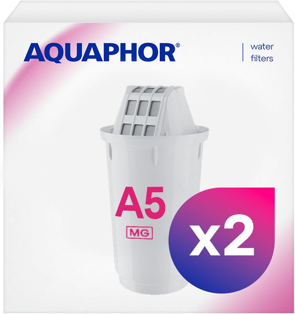 AQUAPHOR Filter Cartridge A5 2 Pack with Magnesium | Filters Limescale, Chlorine, Heavy Metals | 350L Clear Water | AQUALEN Technology for Better Tasting Food & Drink | Replacement for A5 Filter Jugs
