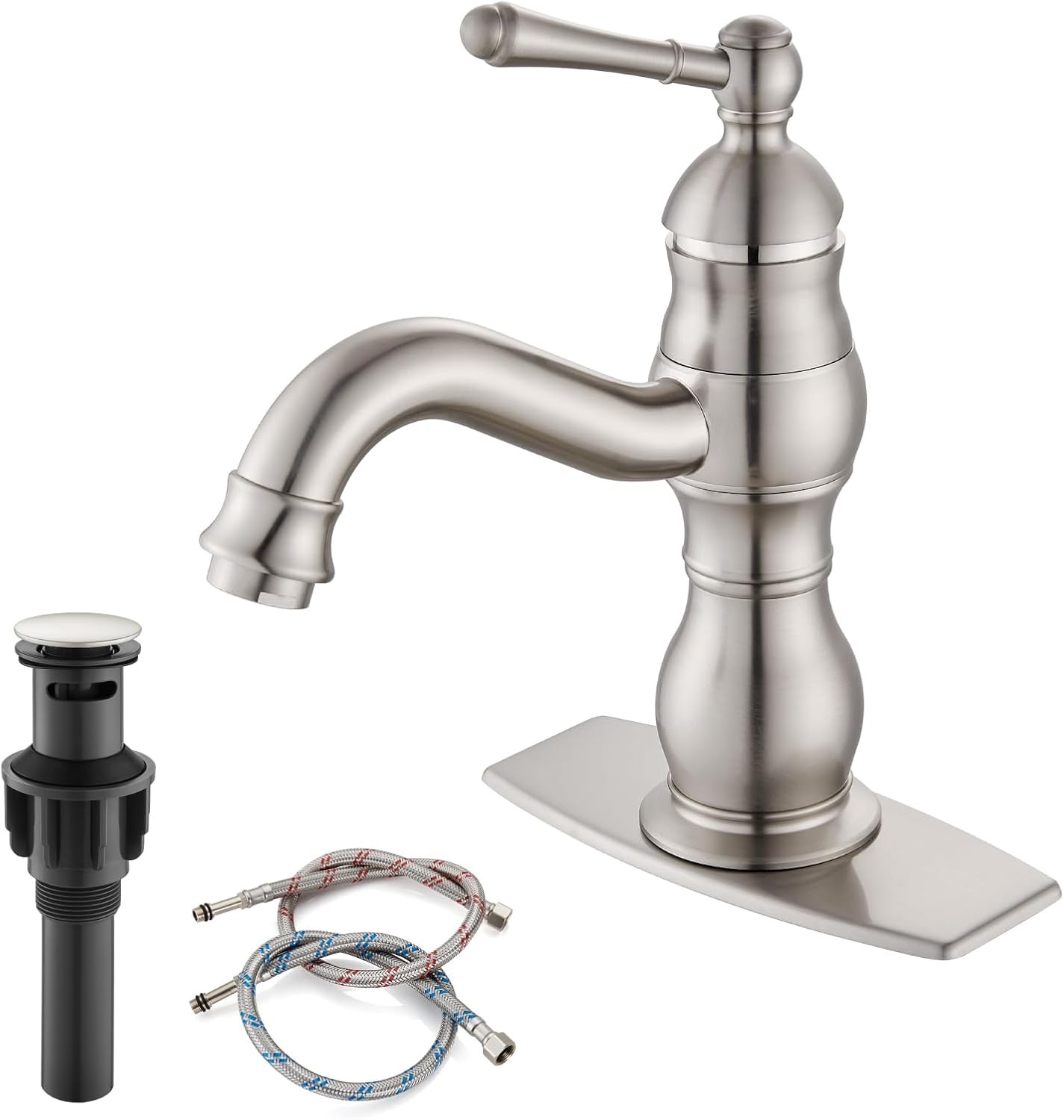 gotonovo Bathroom Sink Faucet 1 Hole Single Handle Lavatory Vanity Faucet 360° Swivel Spout Basin Mixer Tap Matching Pop Up Drain with Overflow, 5.9 Inch Spout Reach, Brushed Nickel