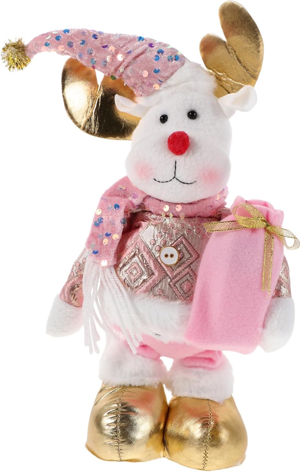 PEPLAYTAL Adjustable Plush Christmas Doll with Lights Music Pink Festive Holiday Ornament for Tabletop Decor Farmhouse Party Supplies Telescopic Standing Snowman Elk Figurine for Winter Home
