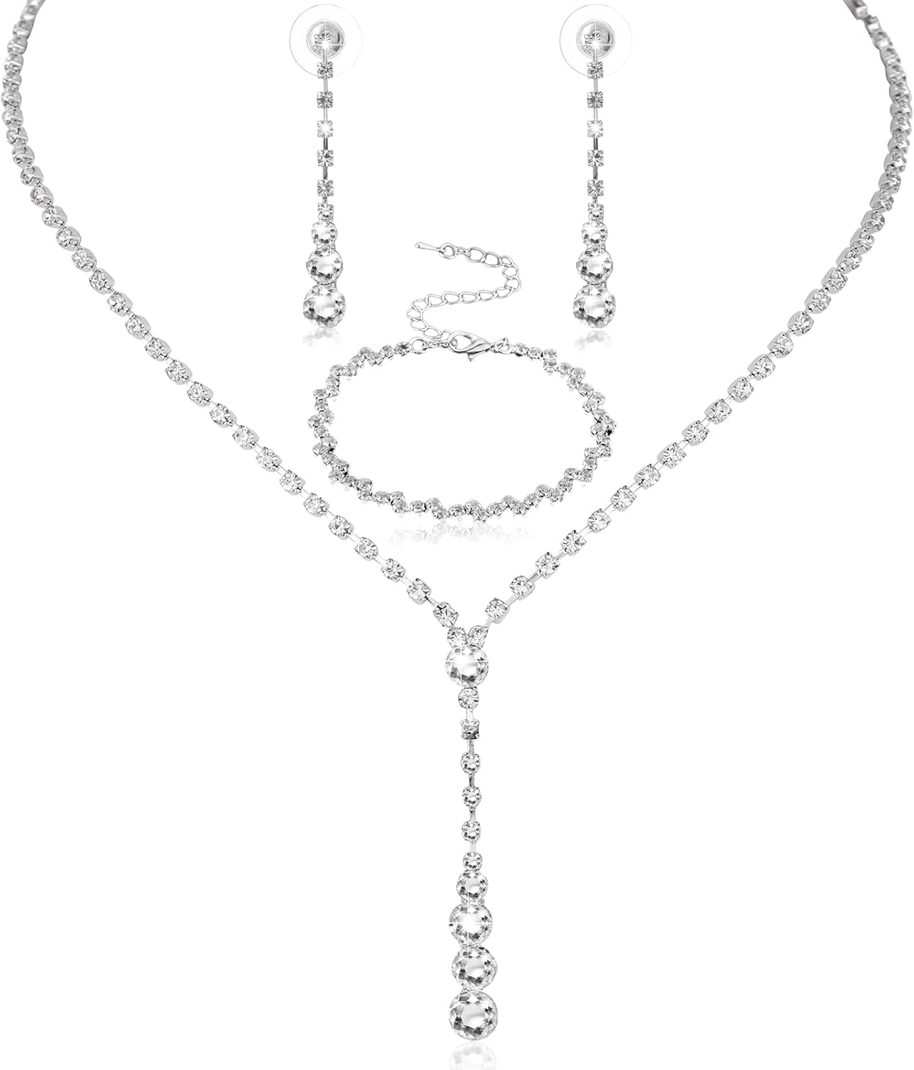 Rhinestone Bridal Jewellery Set Elegant Crystal Teardrop Pendant Necklace Drop Earrings Bracelet Sparkly Silver Jewellery Set for Brides Bridesmaid Women Girls Wedding Costume Accessories