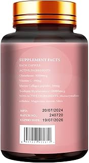 Glutathione 50000mcg, Vitamin C 100mg, Sodium Hyaluronate 10000mg, Marine Collagen Peptide 200mg, 1 Bottle of 90 Capsules