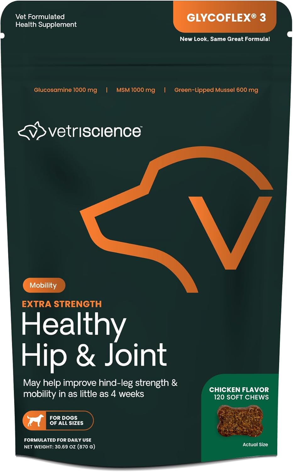 VetriScience Extra Strength Healthy Hip & Joint Chews, GlycoFlex Glucosamine & Green-Lipped Mussel Joint Support Supplement for Dogs, Promote Mobility & Soothe Joint Discomfort, Chicken, 120 Count