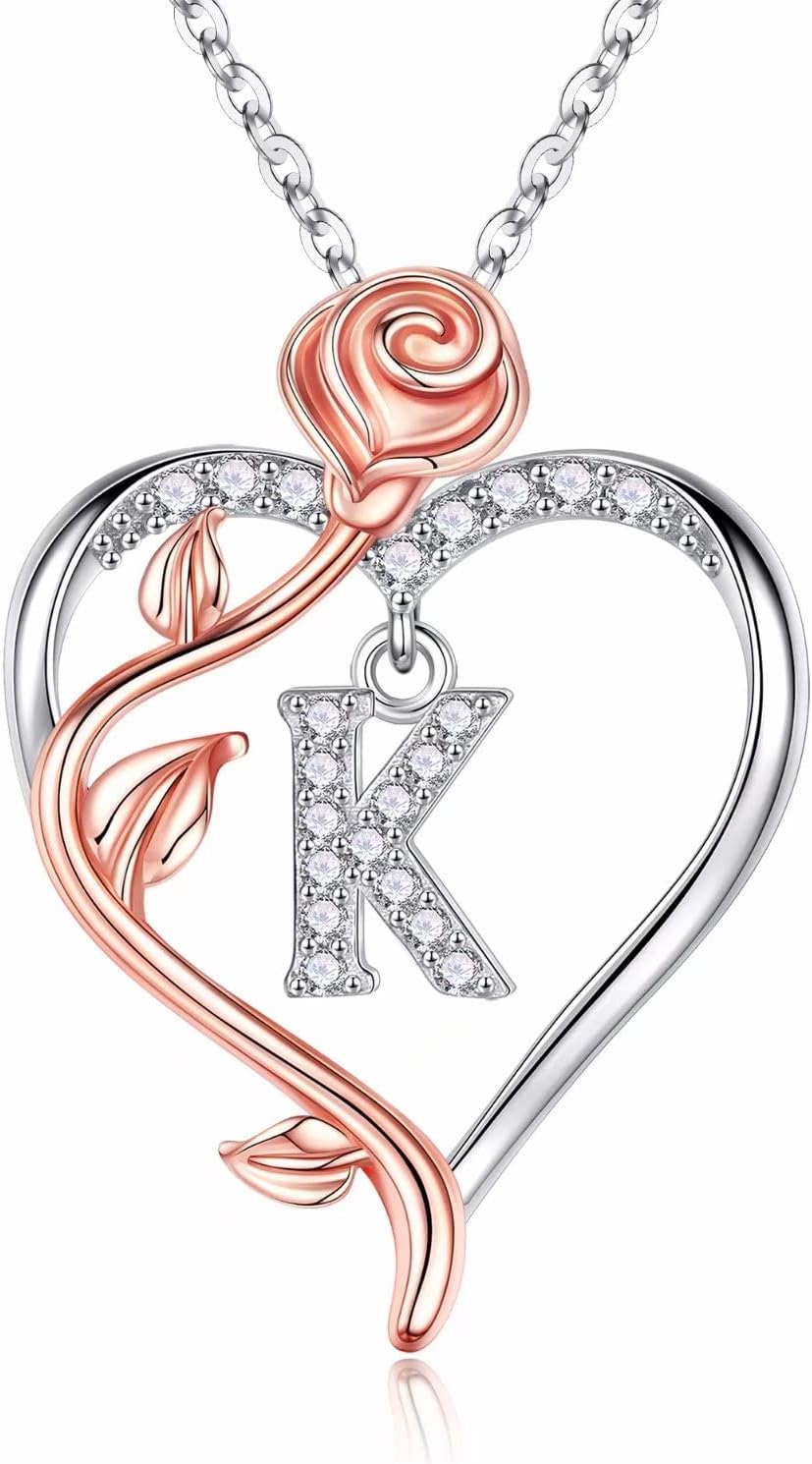 Iefil Christmas Gifts for Women Wife - 925 Sterling Silver Rose Heart Initial Necklace, Anniversary Birthday Gifts for Women, Jewelry Gift for Her Wife Girlfriend Mom Daughter