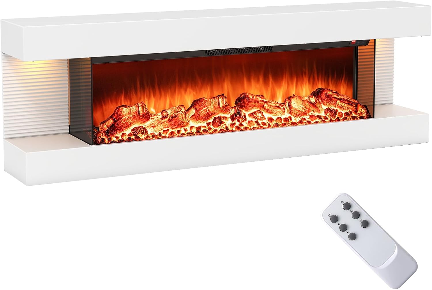 Tangkula 50" Fireplace Mantel with 36 Inches 3-Sided Fire Place, Wall Floating Mounted 1500W Heater with LED Lights, Remote Control, 12 Flame Colors, 8H Timer & Overheat Protection (White,50 inches)