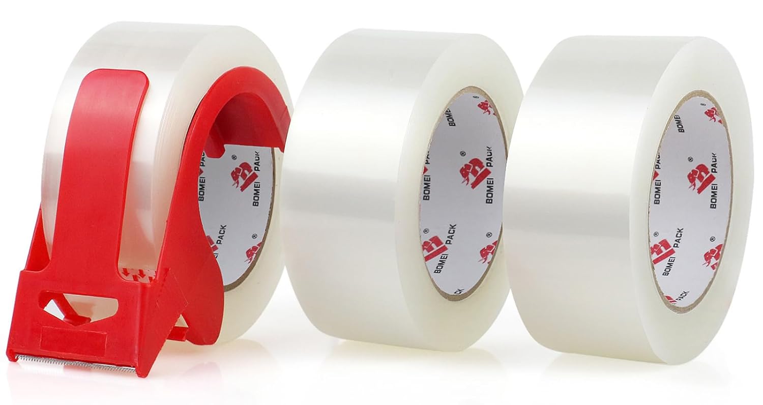 BOMEI PACK Heavy Duty PackingTape with Dispenser - 3 Rolls, Total 330Y, 2.6 mil, 1.88 inch x 110 Yards, Clear Packaging Tape Refills for Shipping, Mailing, Moving & Storage