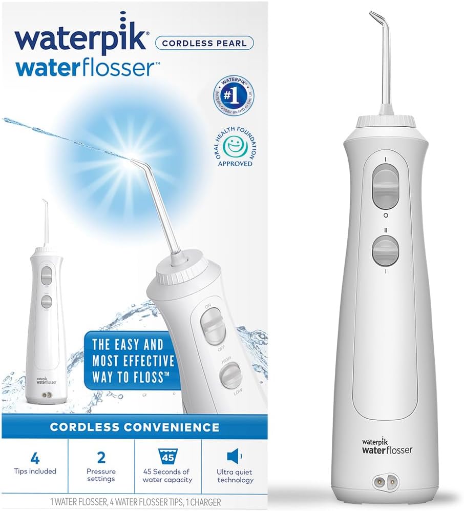 Waterpik Cordless Pearl Water Flosser, Electric Dental Flosser, Rechargeable Dental Plaque Removal Tool, Clean Between Teeth, Oral Irrigator, Ideal for Travel or Small Bathrooms, White, WF-13UK