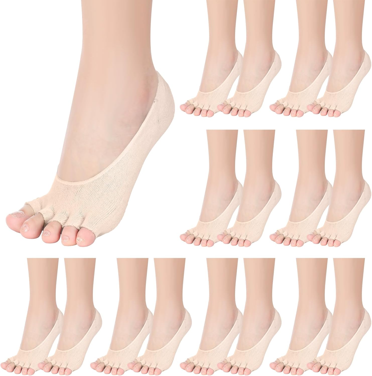 8 Pairs Toe Liner Socks Women Five Toeless Open Toe Sock for Summer Sandal with Nonslip Heel Gripper