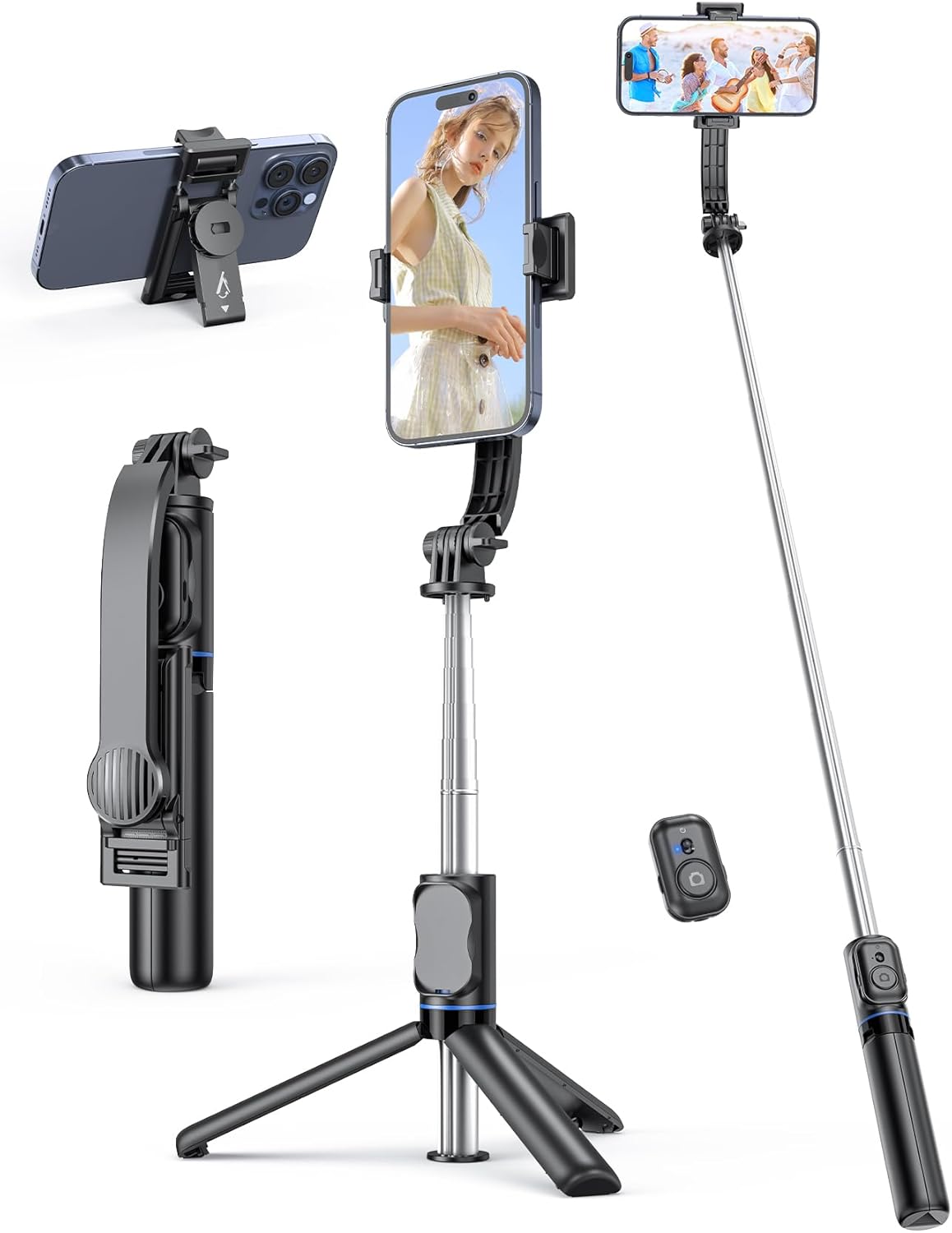 Selfie Stick Tripod with Detachable Phone Holder, 41.7" Extendable Phone Tripod with Remote, 360° Rotatable Tripod Stand For iPhone, Samsung, and Android Smartphones (Black)