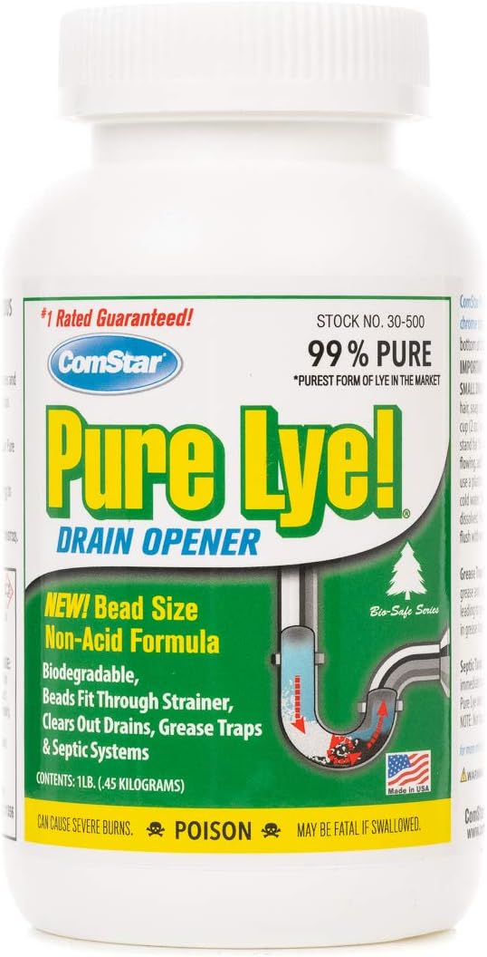 ComStar Pure Lye | 99% Pure Sodium Hydroxide Beads | Eco-Friendly, Industrial Strength, Biodegradable Drain Opener | Safe on Fixtures | Static-Free, Unique Beads for Soap Making | 1 lb. (30-500)