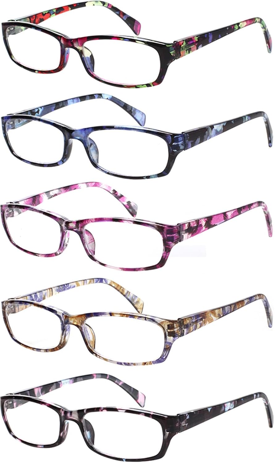 Kerecsen Reading Glasses 5 Pairs Fashion Ladies Readers Spring Hinge with Pattern Print Eyeglasses for Women (Mix Color -2, 2.50)