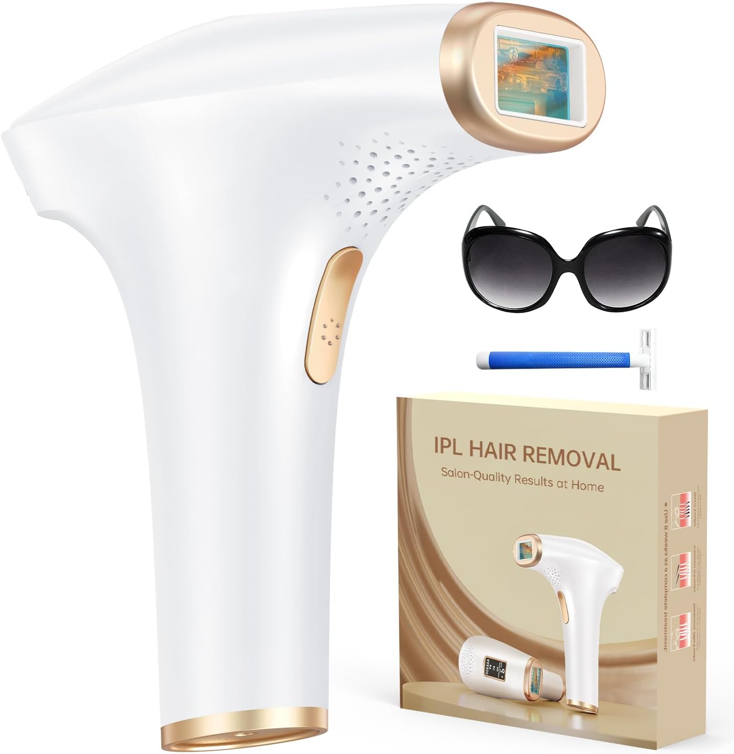 Haarlosy IPL Laser Hair Removal Device with 3-in-1, Faster, Salon Quality Result, at Home IPL Laser Hair Remover Machine for Women and Men, Face, Bikini Line, Body, Leg, Armpit, 9 Level, White Gold