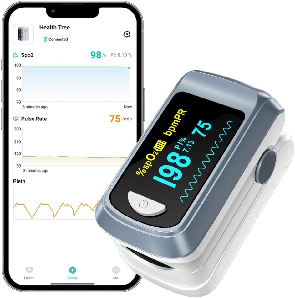 Pulse Oximeter HealthTree Oxygen Monitor Fingertip, Bluetooth Pulse Ox with Free APP, O2 Pulse Oximeter Finger and Heart Rate Monitor, 2 X AAA Batteries, Lanyard