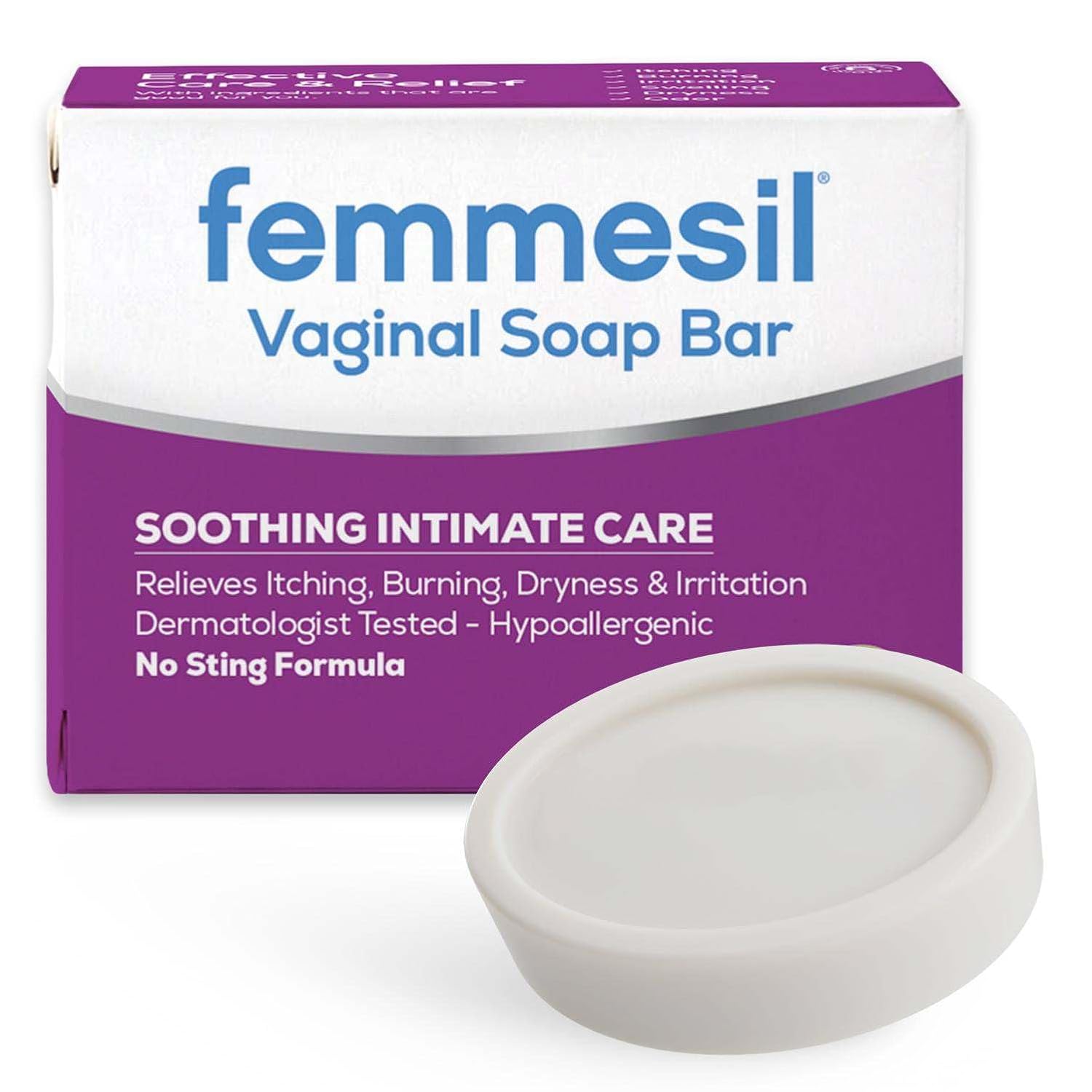 Femmesil Vaginal Antifungal Soap for Women, 75g | Yeast Infection Relief. Soothes Vaginal Itch, Irritation & Dryness. All-Natural. Hypoallergenic Approved, Packaging May Vary