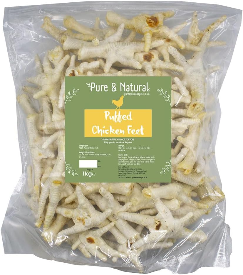 Pure & Natural Puffed Chicken Feet for Dogs - High Protein & Low Calorie, Soft & Light Healthy Dog Treats for Puppy and Senior Dogs - 1kg Bulk Box