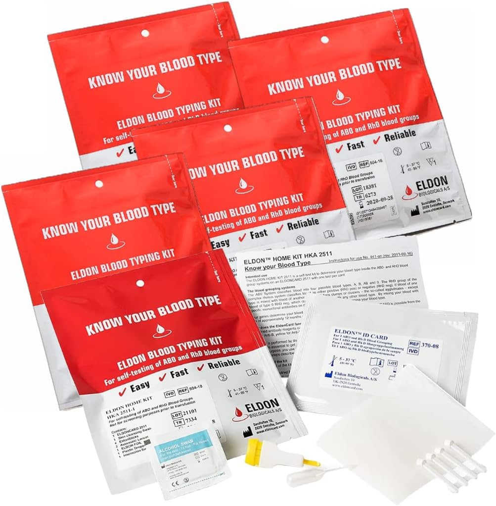 Eldoncard Blood Typing Kit, 5 Test Pack, Know Your Blood Type, Accurate Instant Home Testing, Determine A, O, B, Rhs-D Negative & Positive Groups