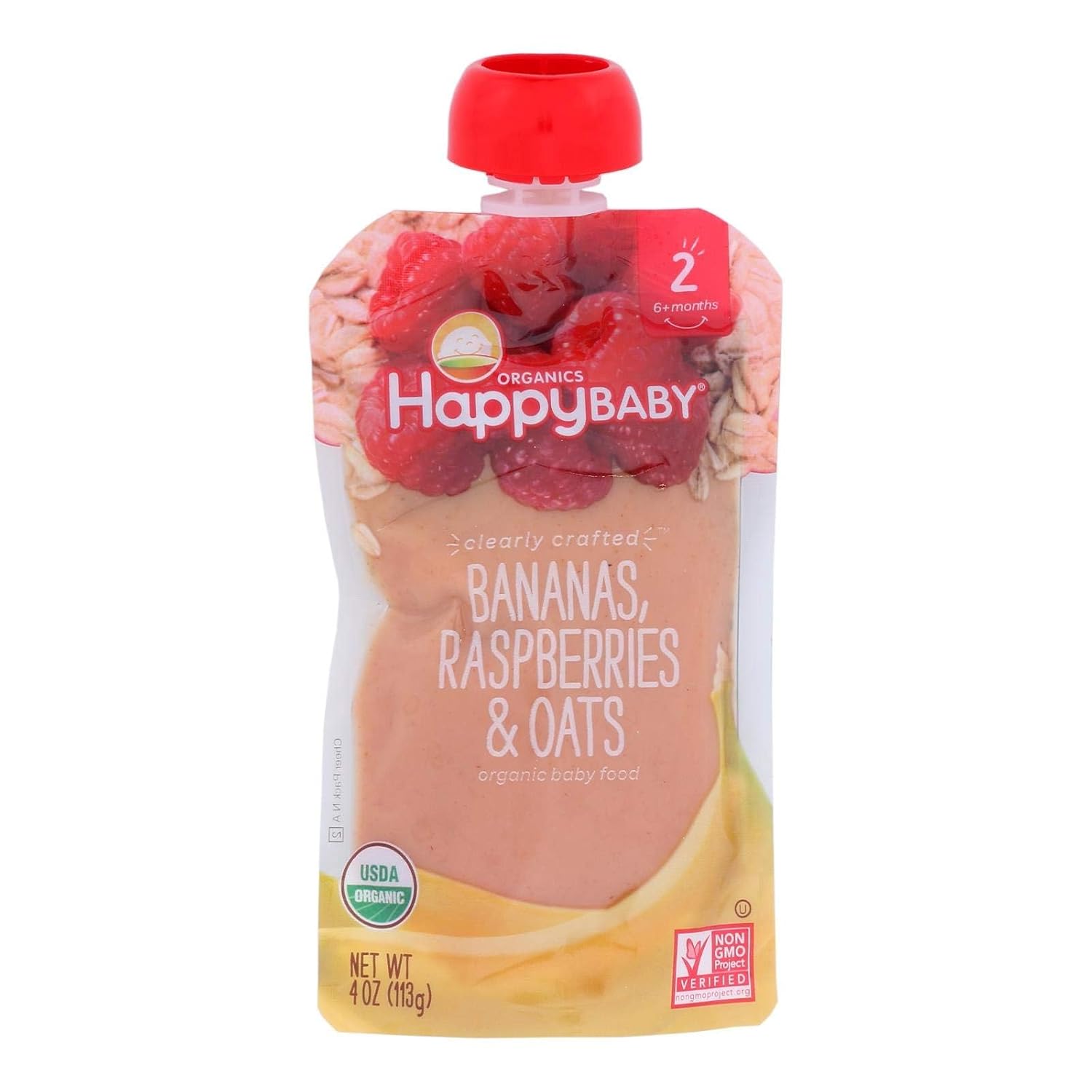 Happy Baby Organics Clearly Crafted Stage 2 Baby Food Bananas Raspberries & Oats, 4 Ounce Pouch Resealable Baby Food Pouches, Fruit & Veggie Puree, Organic Non-GMO Gluten Free Kosher (Pack of 8)