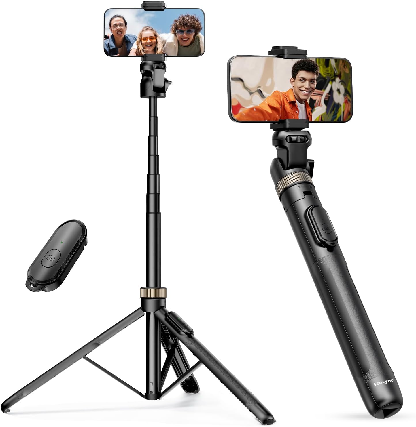 Sensyne 72"" Phone Tripod, Extendable Tripod for iPhone & Selfie Stick with Detachable Phone Holder & Wireless Remote, iPhone Tripod Compatible with All Cell Phones, Camera, Black