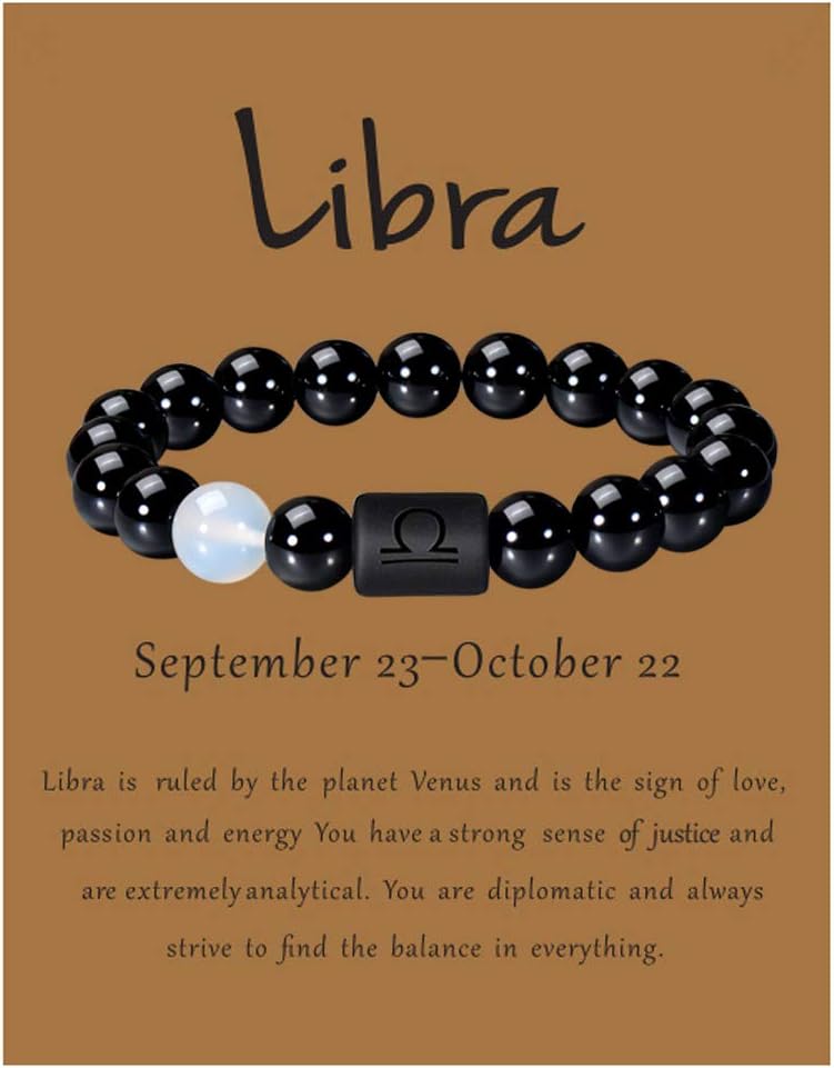 VLINRAS Zodiac Bracelet for Men Women, 8mm 10mm Natural Black Onyx Stone Star Sign Constellation Horoscope Bracelet Gifts