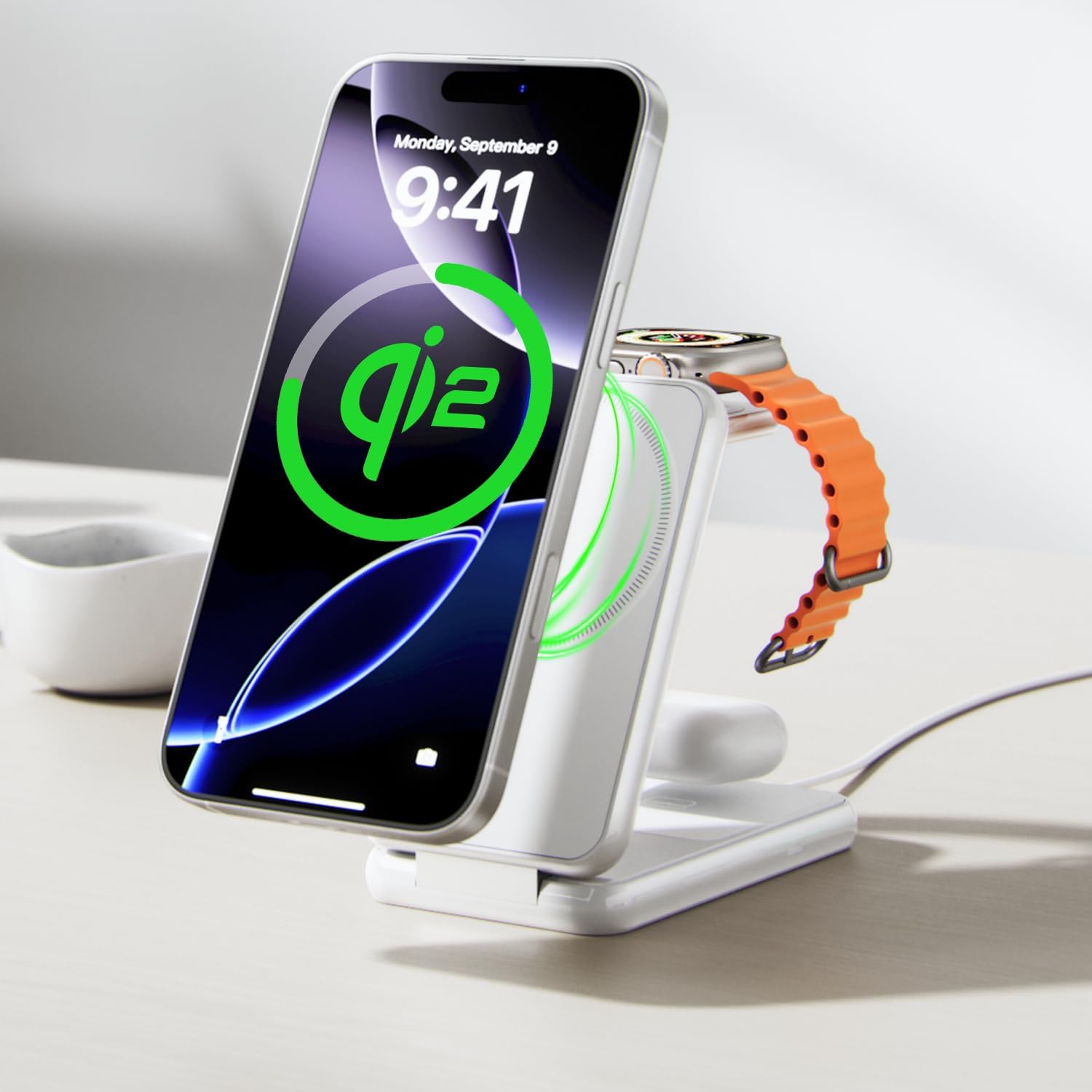 iVANKY Qi2 Certified 15W Fast 3 in 1 Foldable Wireless Charging Station for MagSafe Magnetic Stand Made of Air-Pods Materials for Apple Devices Charge for iPhone 17 16 15 Pro Max Air/iWatch/AirPods