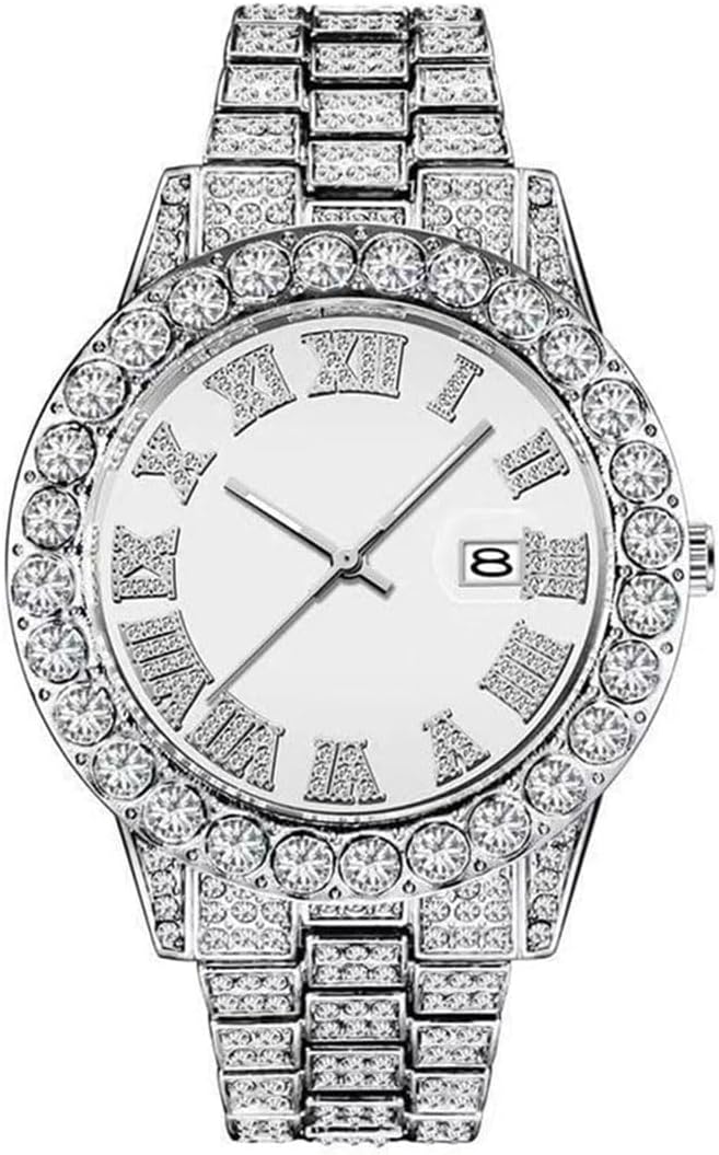 SENRUD Men's Diamond Watch Fashion Crystal Rhinestone Quartz Analog Watch Iced-Out Bracelet Wrist Watch