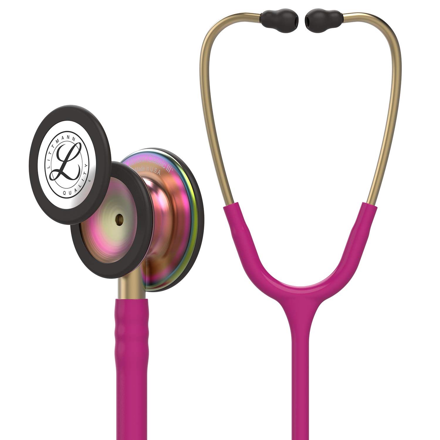3M Littmann Classic III Monitoring Stethoscope, 5806, More Than 2X as Loud, Weighs Less, Stainless Steel Rainbow-Finish Chestpiece, 27' Raspberry Tube, Brass Stem and Headset