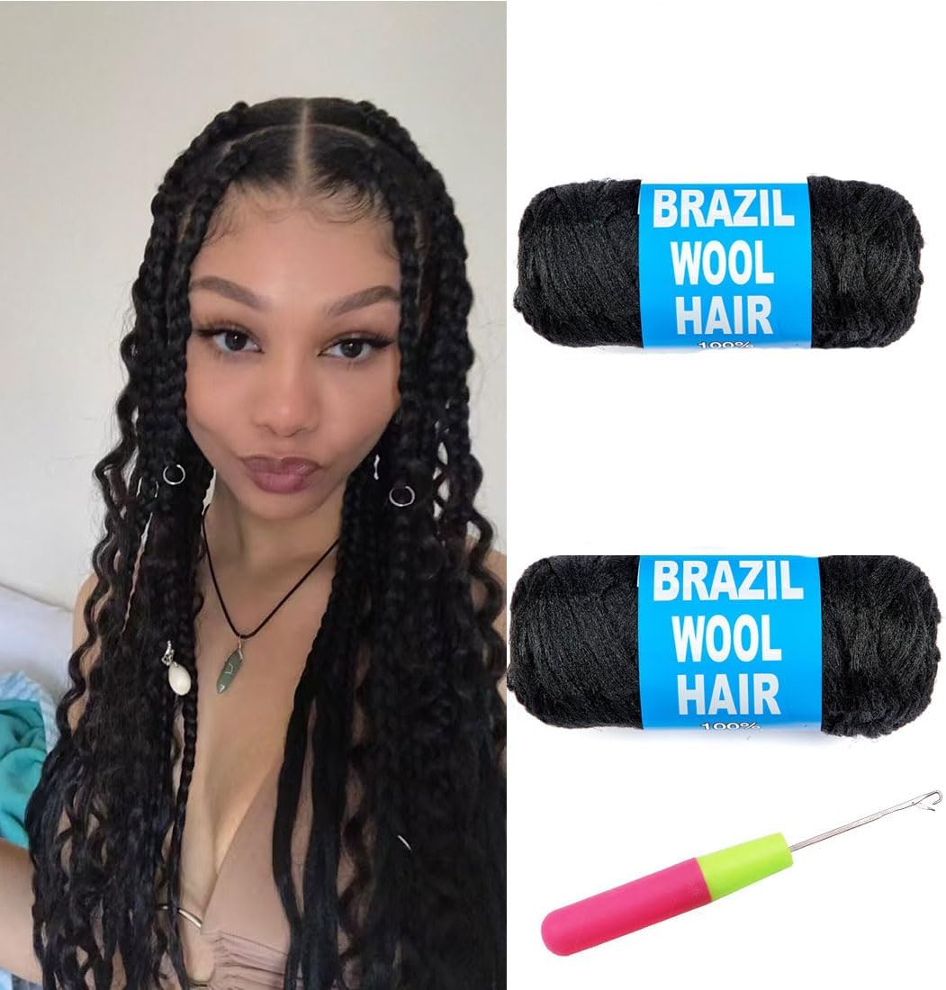 4 Roll Natural Black Brazilian Wool Hair Acrylic Yarn for African Crochet Braids/Faux Locs/Senegalese Twist/Jumbo Braiding/Box Braids/Twist Wraps Synthetic Fiber Hair Extensions (2 Roll)