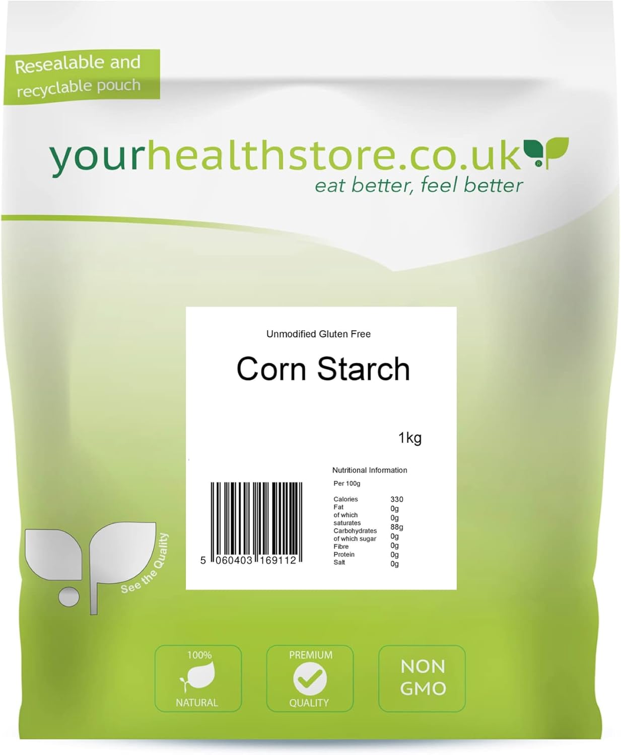 yourhealthstore Premium Unmodified Gluten Free Corn Starch, Non GMO, Vegan (Recyclable Pouch), Off white, 1000 g