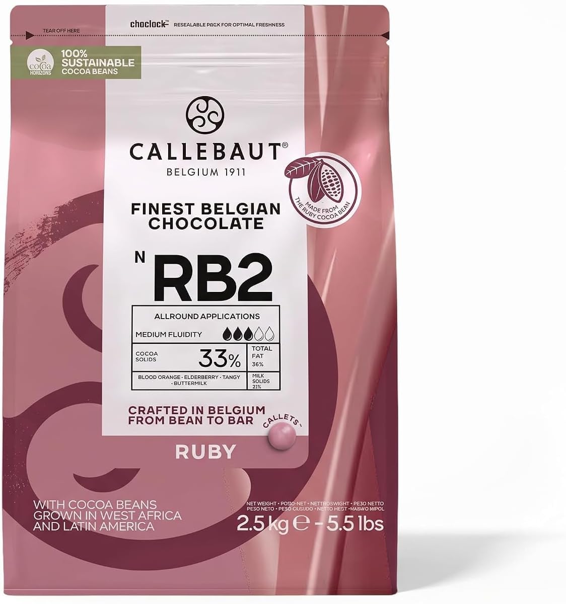 Callebaut RB2 Finest Belgian Ruby Chocolate Couverture Callets 32.8% 2.5kg
