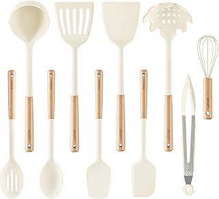 CAROTE 10PCS Kitchen Utensils Set, Silicone Cooking Utensils Set with Wooden Handle for Nonstick Cookware Set, Larger, White