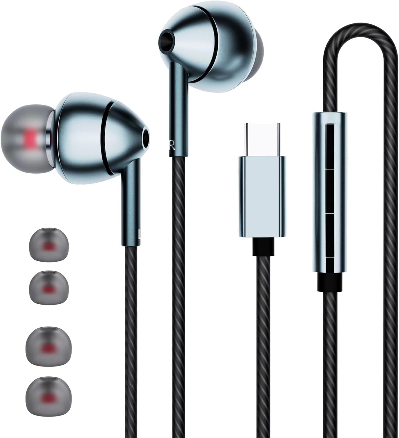 USB-C Wired Earbuds with Microphone, Volume Control, Noise Canceling, Compatible with Samsung Galaxy S24 S23 S22, iPhone 15, Pixel Phones (Black)