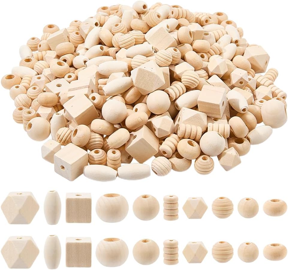 PandaHall 250~300pcs Natural Wooden Bead, Round/Cube/Rondelle/Oval Wood Beads 12~20mm Unfinished Wooden Bead Loose Spacer Assorted Wood Beads for Crafts Bracelet Necklace Jewelry Making Christmas