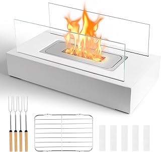 Tabletop Fire Pit with 4 Marshmallow Roasting Sticks & S'Mores Board, Portable Fireplace Indoor/Outdoor Mini Table Top Firepit for Patio, Balcony, Backyard, Camping, Housewarming Gift (White)