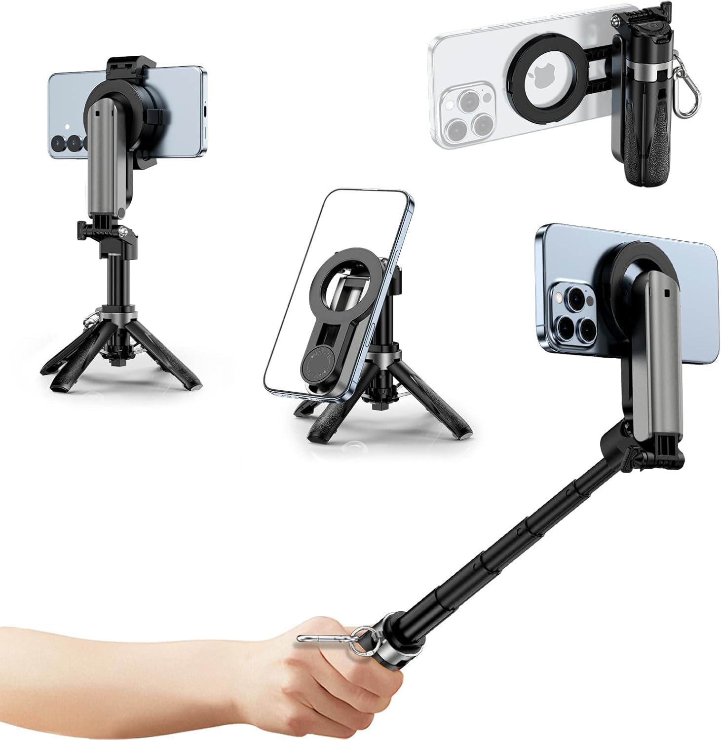CloudValley Magnetic Mini Selfie Stick Tripod, 4-in-1 Pocket Size Phone Tripod with 360° Rotation, Detachable Bluetooth Remote, Foldable Handle Grip, Compatible with iPhone/Android for Vlog/Photo