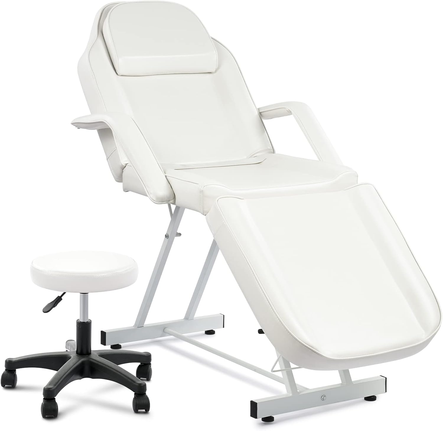 VONLUCE Beauty Bed, Adjustable Multiple Level Steel Frame 3 Section Leather Massage Bed 150kgs/330lbs Max Weight Capacity, Detachable Armrest & Headrest Massage Table Beauty Table, White